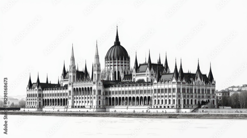 Naklejka premium Classic Pen and Ink Drawing of the Hungarian Parliament Building