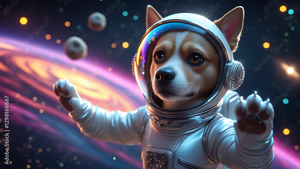 A mesmerizing, hyper-realistic visual representation of astronaut Dog, suspended in mid-air, surrounded by a majestic, gas-giant planet with iridescent, created by generative ai A mesmerizing, hyper-realistic visual representation of astronaut Dog, suspended in mid-air, surrounded by a majestic, gas-giant planet with iridescent, created by generative ai