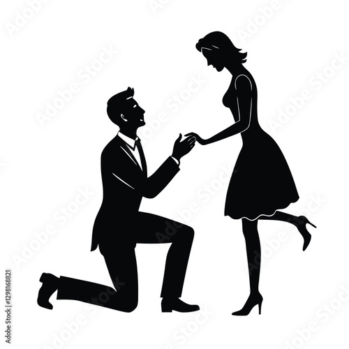 Romantic silhouette of a man proposing on one knee to surprised woman