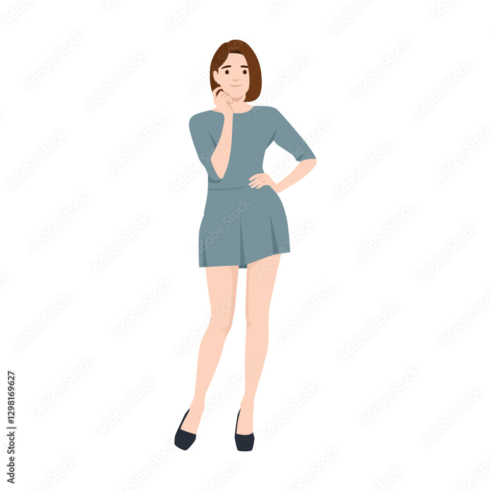 Fashionable woman in a dress and heels poses with a hand on hip and thoughtful expression. Flat vector illustration isolated on white background Fashionable woman in a dress and heels poses with a hand on hip and thoughtful expression. Flat vector illustration isolated on white background