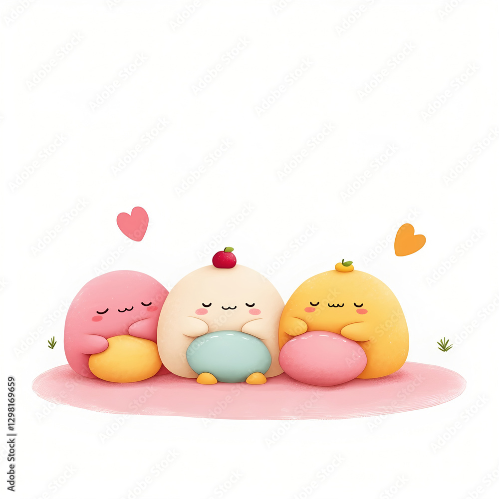 Three cute, colorful cartoon characters with hearts, sitting on pink surface, expressing happiness Three cute, colorful cartoon characters with hearts, sitting on pink surface, expressing happiness