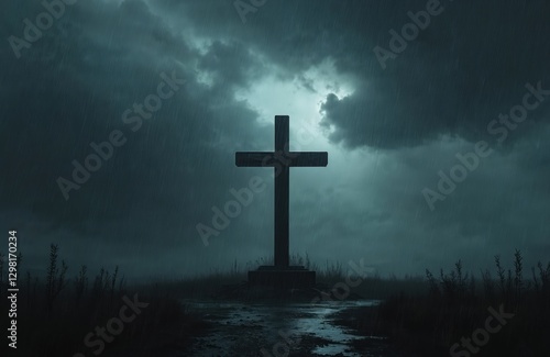 Wooden cross against dark stormy sky in night. Religious faith symbol, belief in God. Christian crucifix on background of dark heavy clouds. Concept of hope, forgiveness, Easter, salvation.