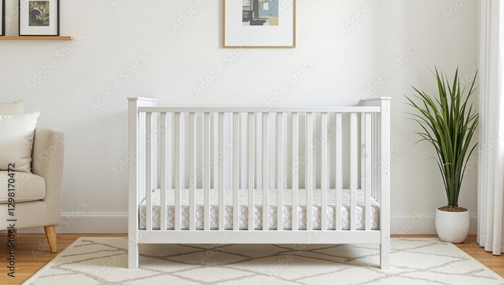 Cradlewise. White crib is next to chair and plant in room Cradlewise. White crib is next to chair and plant in room