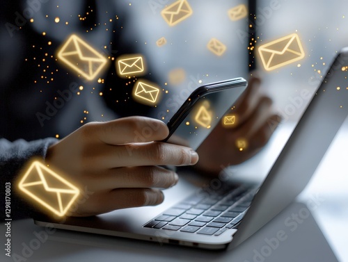 Person Manages Emails on Smartphone and Laptop in Digital Work Environment