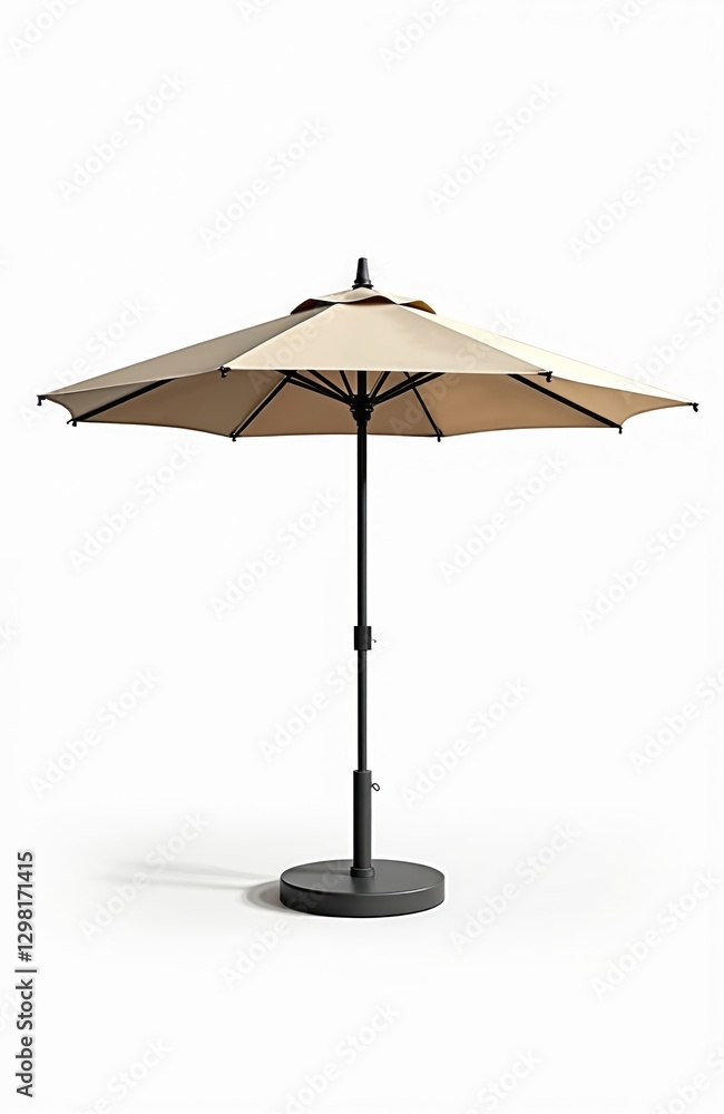 Isolated canvas parasol umbrella with stand. Beige fabric, black metal frame. Protect from sun, relax in shade. Essential for tourism, beach vacation, summer holiday. Clipping path included for easy Isolated canvas parasol umbrella with stand. Beige fabric, black metal frame. Protect from sun, relax in shade. Essential for tourism, beach vacation, summer holiday. Clipping path included for easy