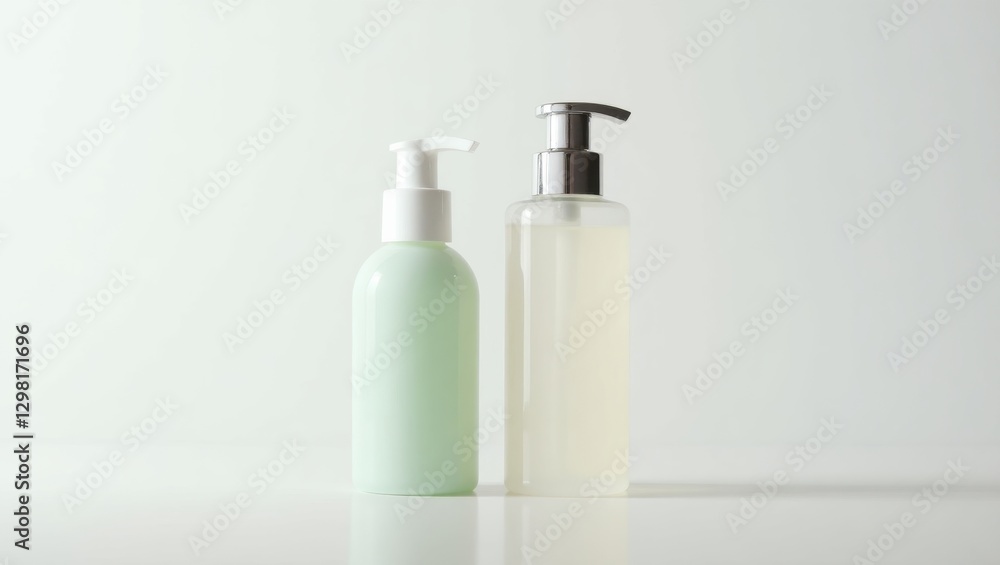 Double Cleanse. Two bottles are next to each other on white surface Double Cleanse. Two bottles are next to each other on white surface