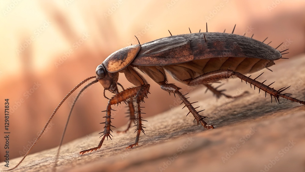 Fototapeta premium Detailed Cockroach: Close-up shot of a detailed cockroach, showcasing its intricate exoskeleton, long antennae, and spiky legs.