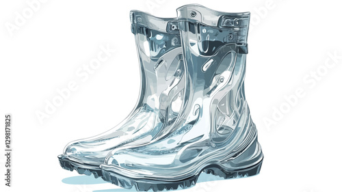 Close-up studio shot of a pair of light grey, seemingly waterproof boots. The boots are mid-calf height with a textured sole and a strap or buckle detail near the top.  The material appears to be