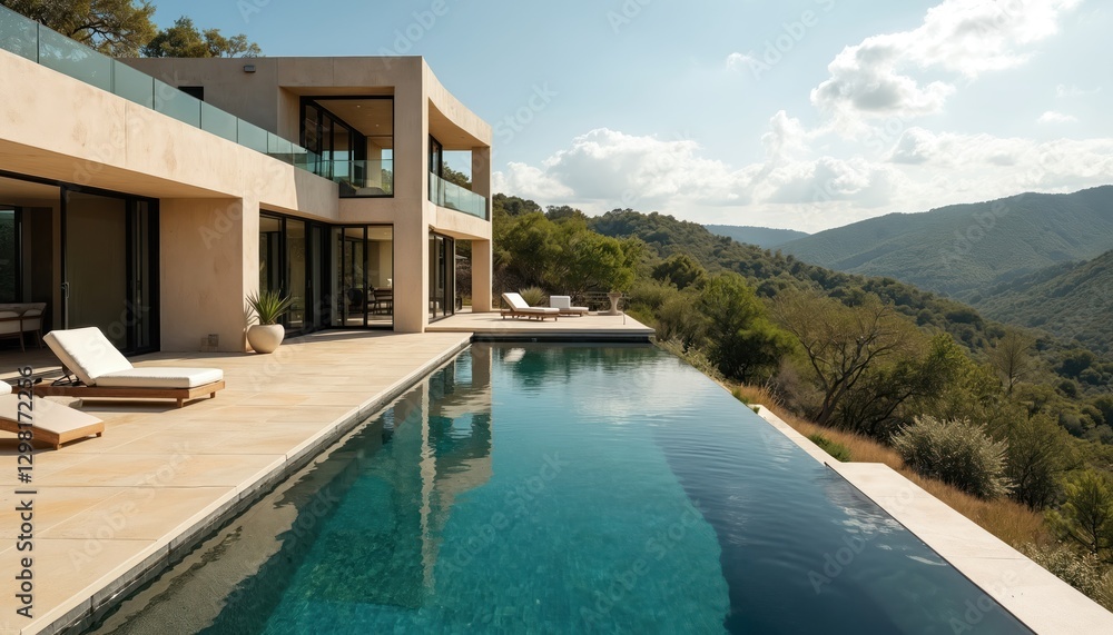 Fototapeta premium Modern luxury home with infinity pool overlooking stunning hill country. Contemporary house design boasts spacious outdoor living. Serene villa retreat with architectural elegance, nature views,