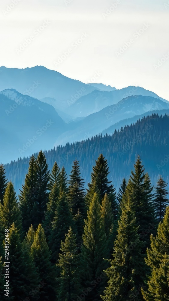 A row of conifers stretches along the mountain ridge, mountains, calm A row of conifers stretches along the mountain ridge, mountains, calm