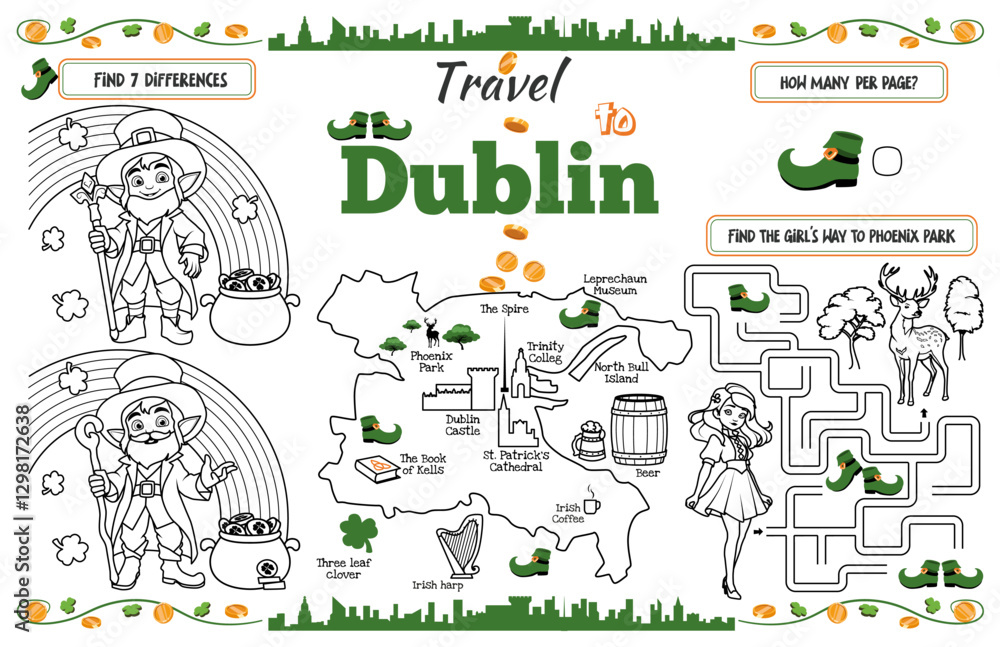 A fun placemat for kids. Printable “Travel to Dublin” activity sheet with a labyrinth and find the differences. 17x11 inch printable vector file A fun placemat for kids. Printable “Travel to Dublin” activity sheet with a labyrinth and find the differences. 17x11 inch printable vector file