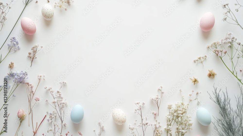Fototapeta premium Pastel easter eggs and delicate flowers on white background