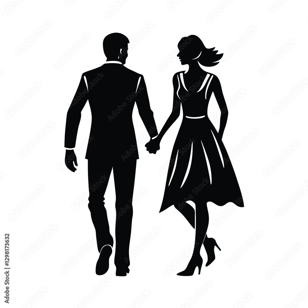 Silhouette of a romantic couple walking hand in hand love theme Silhouette of a romantic couple walking hand in hand love theme