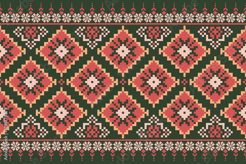 Cross Stitch pattern with Floral Designs. Traditional cross stitch needlework. Geometric Ethnic pattern, Embroidery, Textile ornamentation, fabric, Hand stitched pattern, Cultural stitching pixel art.