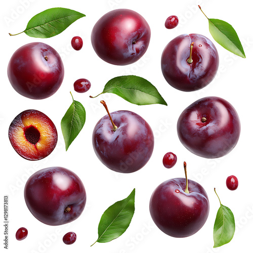 fresh juicy plums with leaves and water droplets,flying sliced vibrant red grape,sliced into multiple pieces isolated on transparent and white background