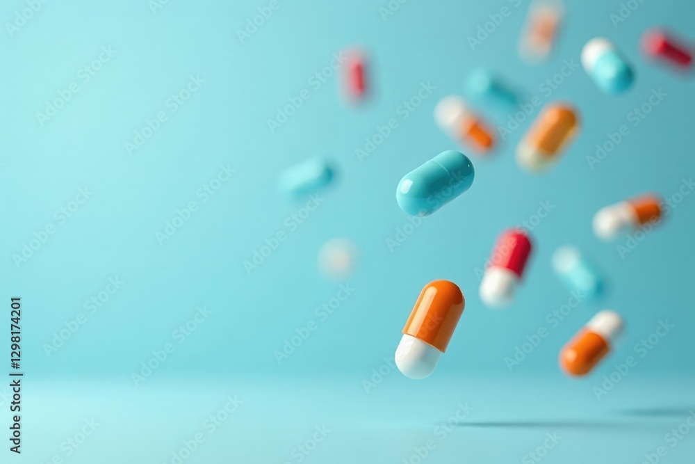 Capsules dropped onto a light blue background, dropped, health Capsules dropped onto a light blue background, dropped, health