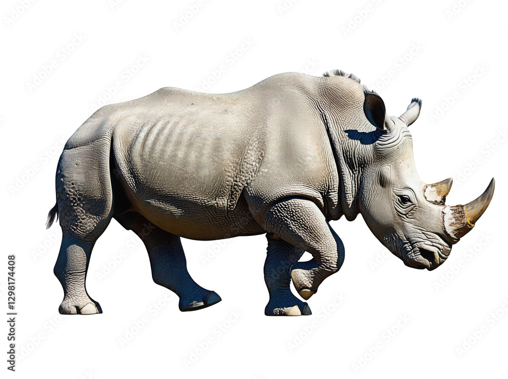 Obraz premium Majestic Rhinoceros Walking Gracefully Isolated on a White Background