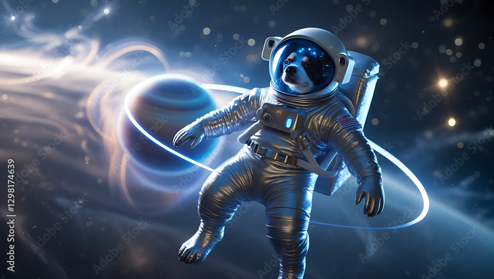 Fototapeta premium A mesmerizing, hyper-realistic visual representation of astronaut Dog, suspended in mid-air, surrounded by a majestic, gas-giant planet with iridescent, created by generative ai