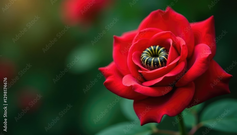Caterpillar resting on a velvety soft red rose, nature, fauna, rest Caterpillar resting on a velvety soft red rose, nature, fauna, rest