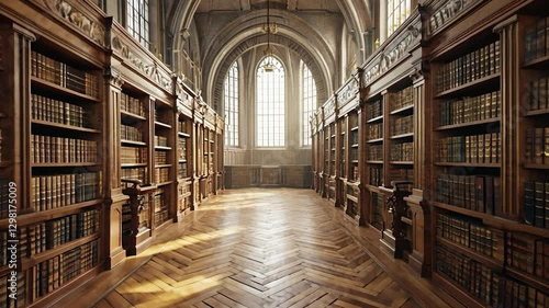 Grand Library Interior with Wooden Bookshelves and Arched Windows