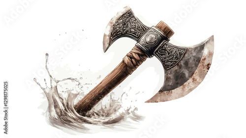 A digital illustration of a double-headed axe with a wooden handle. The axe is depicted with a worn, metallic surface, featuring subtle design details.  The axe is shown plunging into a splash of