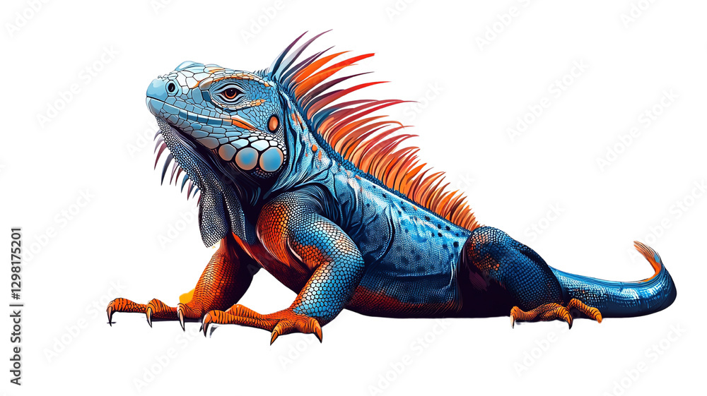 Fototapeta premium A colorful blue and orange iguana basking in the sun, isolated on a transparent background, highlighting its spiky crest and muscular body.