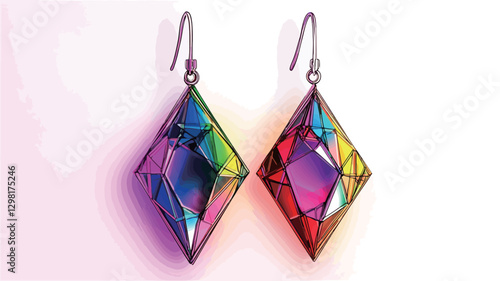Close-up shot of a pair of earrings. Each earring is diamond-shaped and features a multicolored, faceted design that creates an iridescent effect.  The earrings appear to be made of a smooth