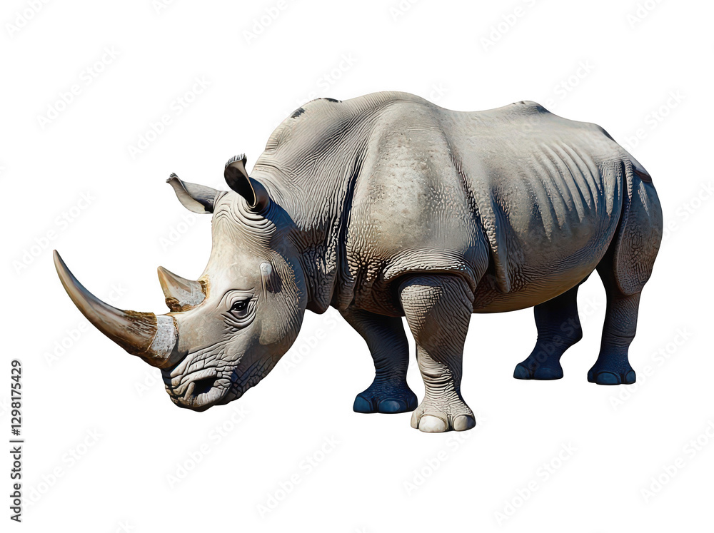 Fototapeta premium Majestic Rhinoceros Standing Proudly Against a White Background Isolated on a white background