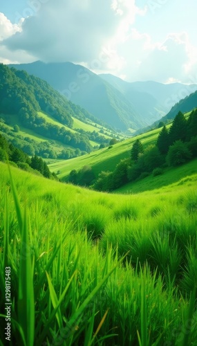 Dense grass blades swaying gently in valley wind, wild nature, valley, verdant hills