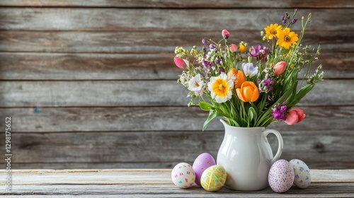 Wallpaper Mural Cheerful Easter composition with a white ceramic vase, colorful Easter eggs, and fresh flowers, rustic wooden background Torontodigital.ca