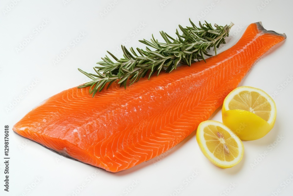 Fresh salmon fillet, rosemary, lemon, white background, food photography Fresh salmon fillet, rosemary, lemon, white background, food photography