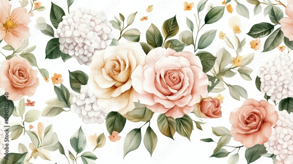 Fototapeta Delicate cream-colored blooms in a symmetrical arrangement, captured with intricate watercolor details, surrounded by lush green leaves. An elegant floral tapestry in close-up