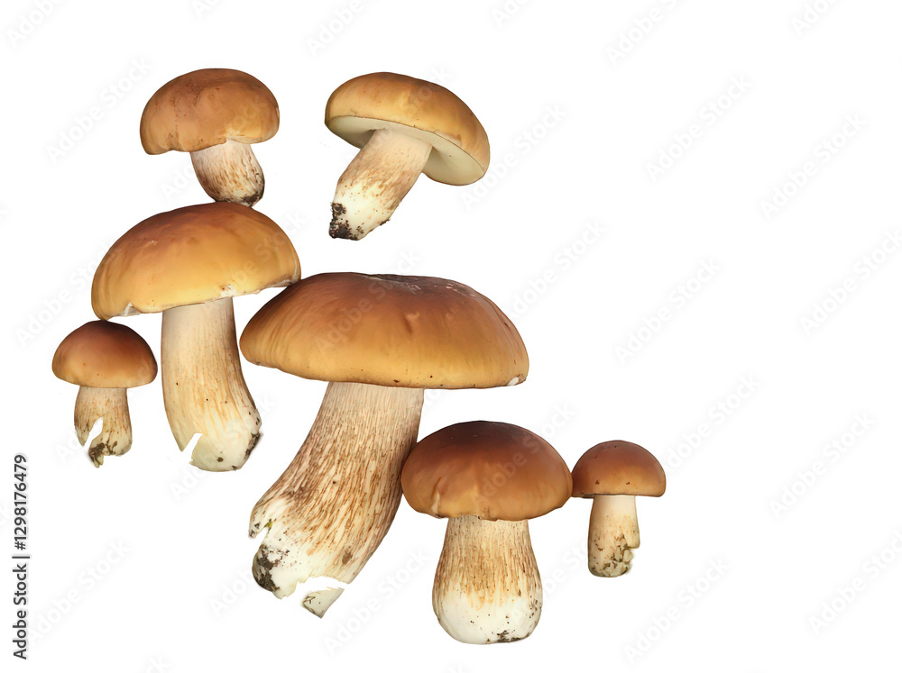 Obraz premium A Group of Delicious Wild Mushrooms Isolated on a White Background