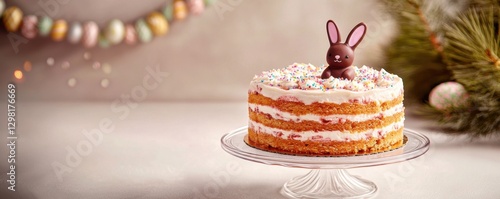 Spring themed pastel cake bakery and gourmet concept. Easter cake treat concept with layered cake, chocolate bunny topper, and pastel sprinkles for festive holiday celebration photo