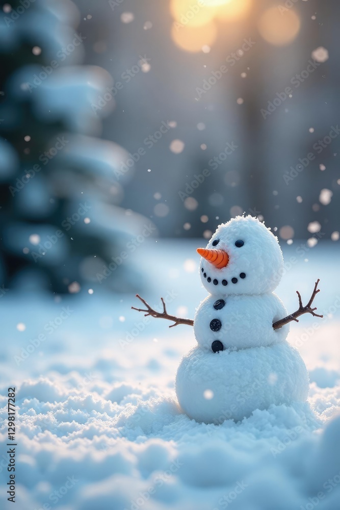 Fototapeta premium Miniature snowmen with carrot noses in the snowfall, snowy, landscape, snowman