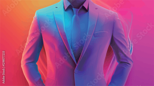 Close-up shot of a man's torso, showcasing a suit with a vibrant gradient color effect transitioning from pink to purple and blue. The suit is sharply defined, with details like the lapels,