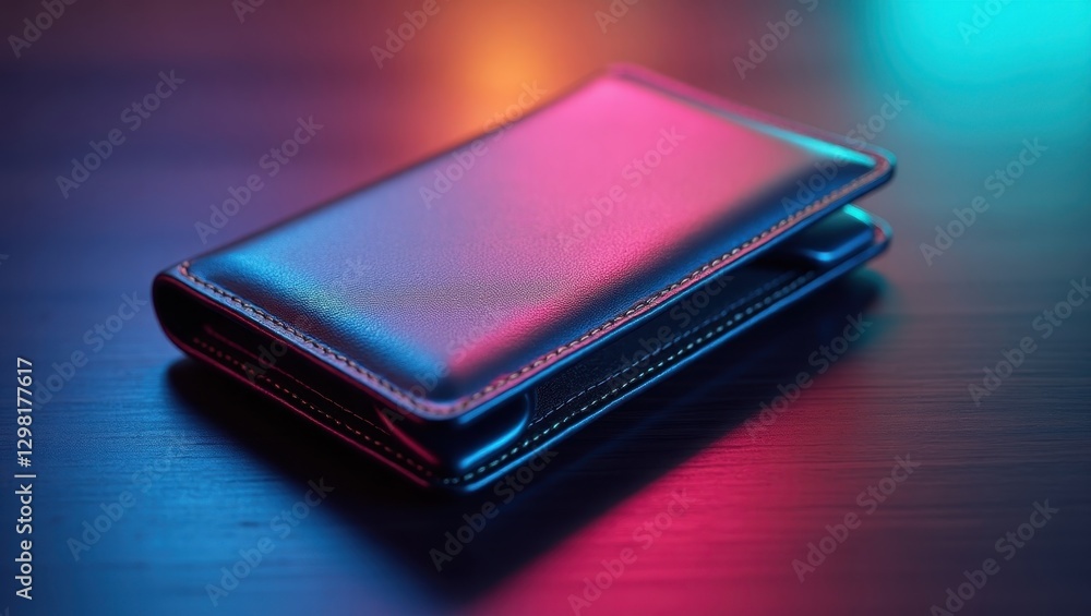 Rfid Wallet. Wallet is on table with red light in background Rfid Wallet. Wallet is on table with red light in background
