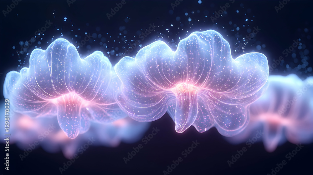 Glowing bioluminescent sea flowers in deep ocean Glowing bioluminescent sea flowers in deep ocean