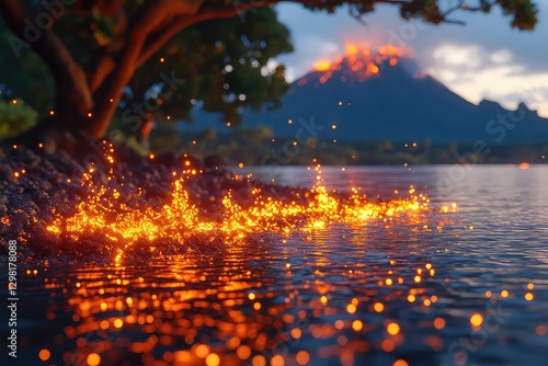 Erupting volcano near a tranquil lake with glowing lava sparks reflecting in the water at sunset photo