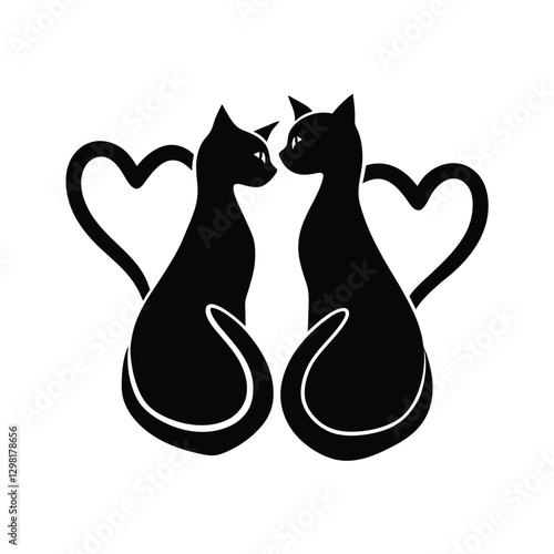Silhouette of two cats sitting together with intertwined tails