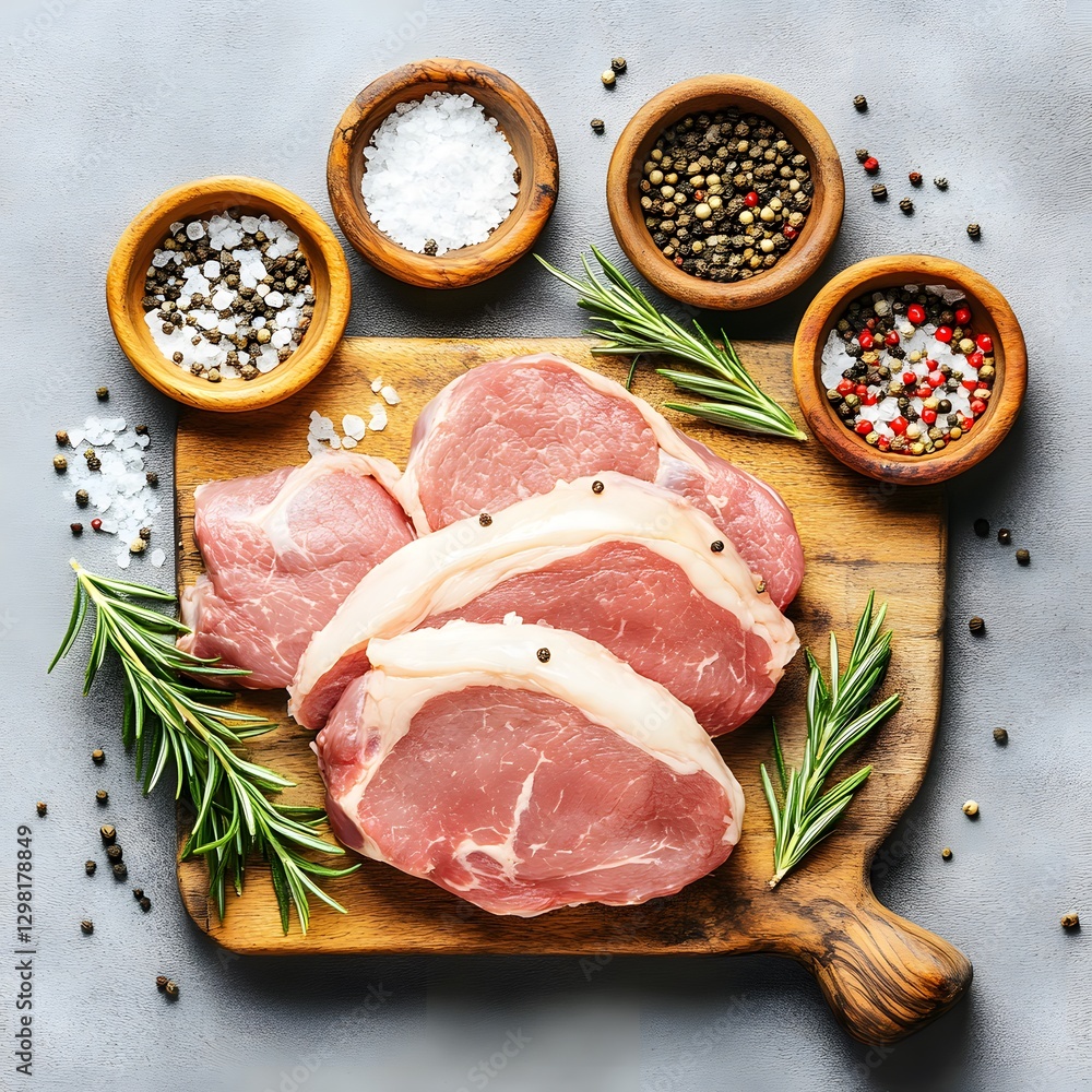 Raw Steak Meat Slices on Wooden Board with Spices Raw Steak Meat Slices on Wooden Board with Spices
