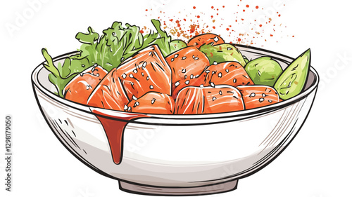A digital illustration depicting a salmon poke bowl. The bowl is white and contains diced salmon, avocado slices, cucumber pieces, and lettuce. A dark brown sauce drizzles down the side of the