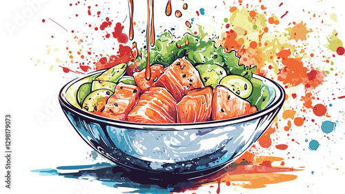 An illustration depicting a salmon poke bowl. The bowl is filled with chunks of salmon, avocado, and what appears to be seaweed salad. A dark brown dressing is being poured over the ingredients.