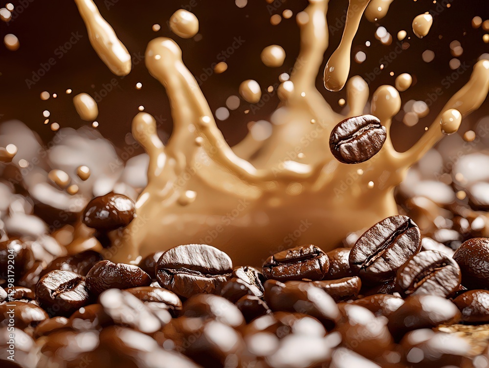 Coffee beans splashing into creamy liquid, capturing a moment of energy. Coffee beans splashing into creamy liquid, capturing a moment of energy.