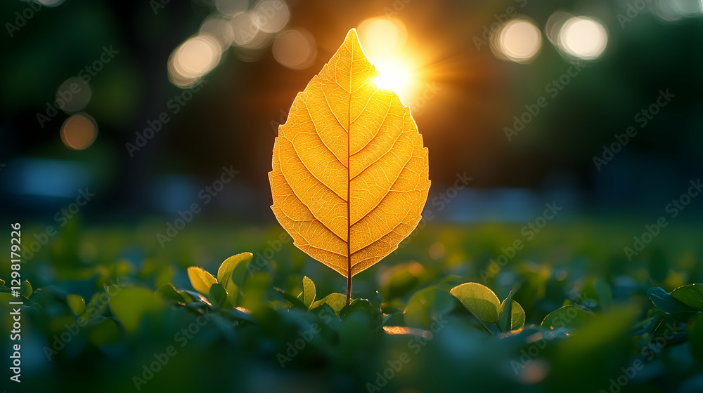 Golden Leaf Backlit by Sunset in Green Garden Golden Leaf Backlit by Sunset in Green Garden