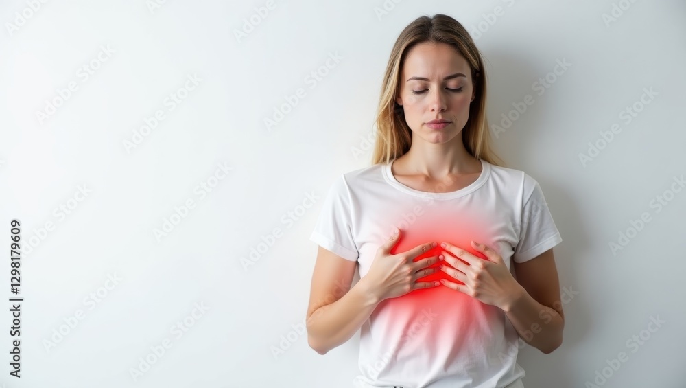Postural Orthostatic Tachycardia Syndrome. Woman is holding her chest with red spot in her chest Postural Orthostatic Tachycardia Syndrome. Woman is holding her chest with red spot in her chest