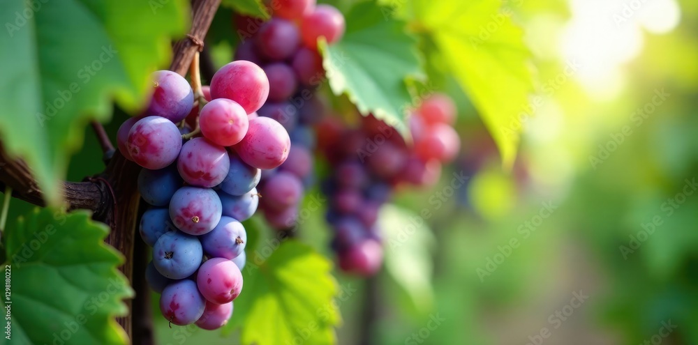 Soft purple clusters of juicy grapes hang from a vine, foliage, texture, lush Soft purple clusters of juicy grapes hang from a vine, foliage, texture, lush