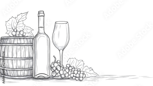A monochrome sketch depicting a wine barrel, a wine bottle, and bunches of grapes. The style is hand-drawn, with visible pencil strokes and shading. The objects are arranged in a still life