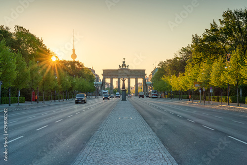 Brandenburg Gate (Brandenburger Tor) and Fernsehturm Berlin at sunrise, Tiergarten district, Berlin, Germany
