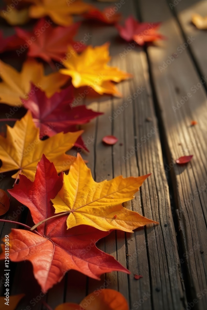 Obraz premium Warm and richly colored autumn leaves scattered on a wooden table, autumn, leaf fall, fall leaves